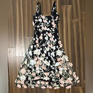 Lulus XS Black Dress 3D Floral Accents Fitted Flat Straps Sleeveless Flare Guest
